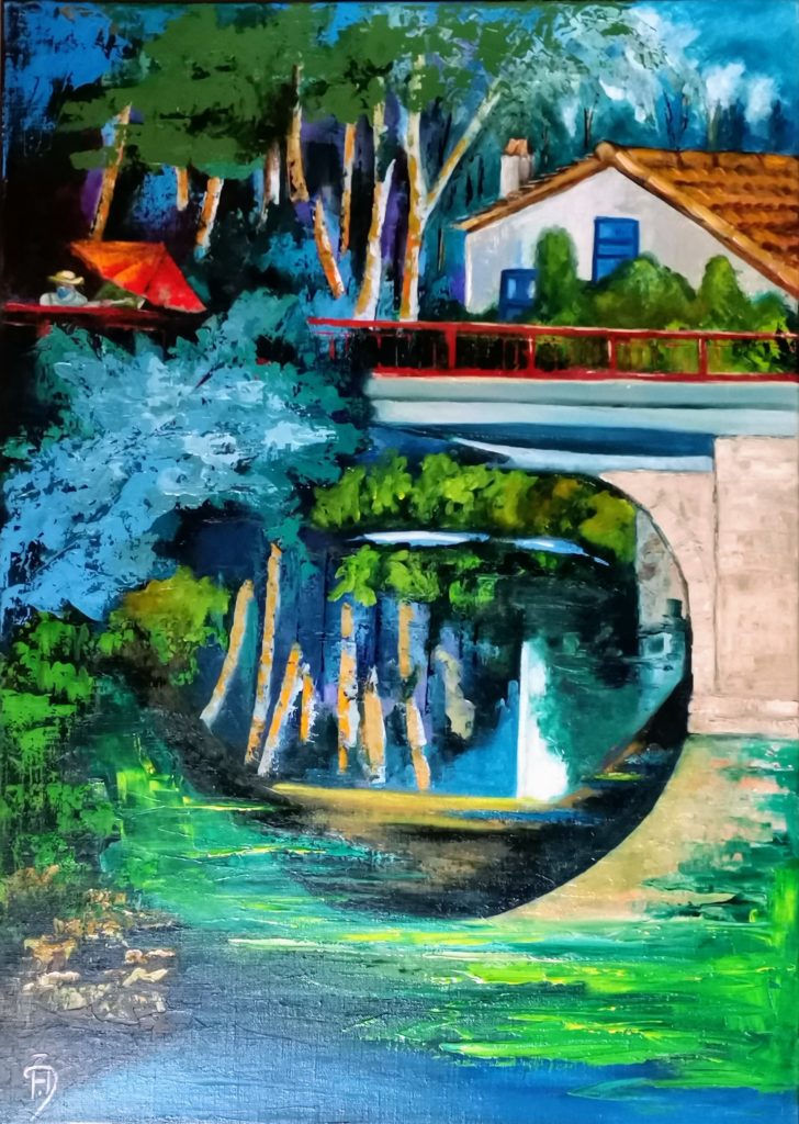 Vue colorée du pont de l'entrée de Magné avec un peintre et son parasol.